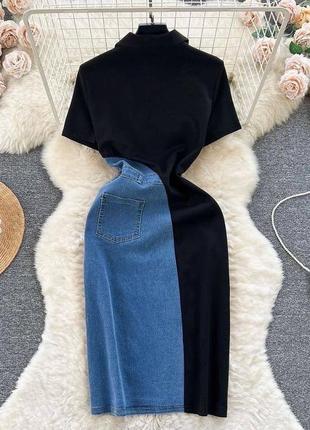 Нереальное платье миди с джинсовой вставкой и короткими рукавами, оригинальное платье с поясом4 фото