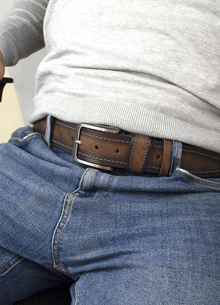 Ремень мужской кожаный под джинсы коричневый sf-4011 (130 см)2 фото
