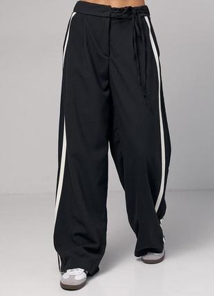 Женские черные широкие брюки, брюки с белыми лампасами
