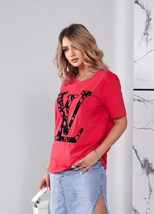 Женская коралловая базовая яркая качественная футболка в стиле lv лв