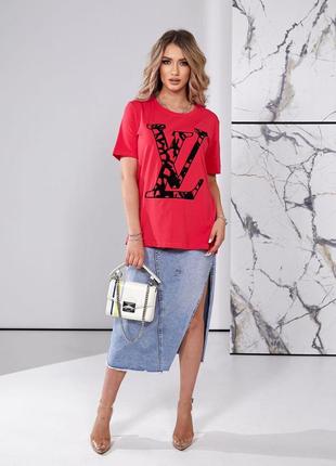 Женская коралловая базовая яркая качественная футболка в стиле lv лв6 фото