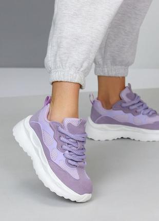 Фиолетовые женские кроссовки в натуральной замше + текстильная сетка подойдут на широкую ногу в боль2 фото