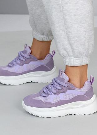 Фиолетовые женские кроссовки в натуральной замше + текстильная сетка подойдут на широкую ногу в боль6 фото
