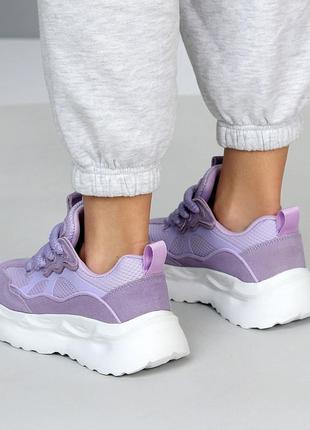 Фиолетовые женские кроссовки в натуральной замше + текстильная сетка подойдут на широкую ногу в боль4 фото