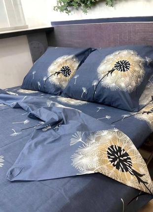 Набор постельного белья, постельное белье, из бязи, синяя, с цветами, с одуванчиком, евро, двуспальный, на резинке2 фото