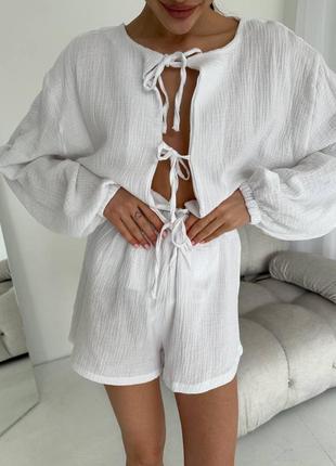 Мусліновий костюм кофта + шорти, муслінова піжама, муслиновый костюм кофта + шорты, пижама1 фото