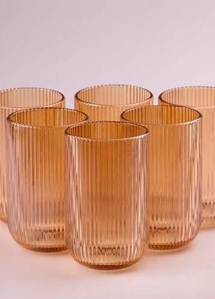 Набор стаканов высоких фигурных прозрачных ребристых из толстого стекла 6 штук (наборы разноцветные)3 фото
