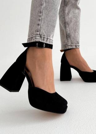 Элегантные женские замшевые туфли на каблуке на каблуке с ремешком натуральная замша босоножки с закрытым носиком замша квадратный мыс черный