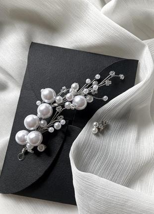 Набір весільних прикрас для нареченої: весільні заколки, шпилька, гілочка для волосся, сережки1 фото