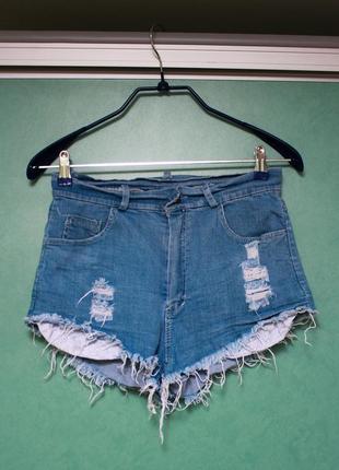 Шорти джинсові рвані із завищеною талією1 фото