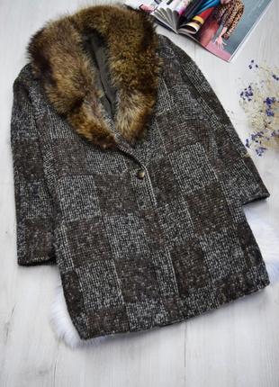 Шерстяное пальто тёплое демисезонное стильное в клетку винтажное натуральный мех