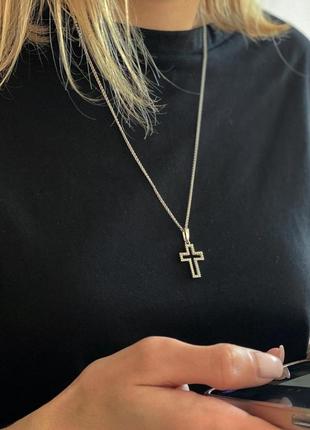 Срібний жіночій хрест з каміннями, родій4 фото