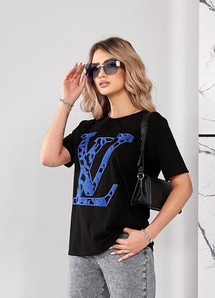Женская черная базовая яркая качественная футболка в стиле lv лв электрик4 фото