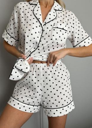Пижама женская муслин рубашка шорты сердца чёрные4 фото