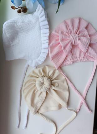 Шапочка чалма муслин завязки для новорожденных