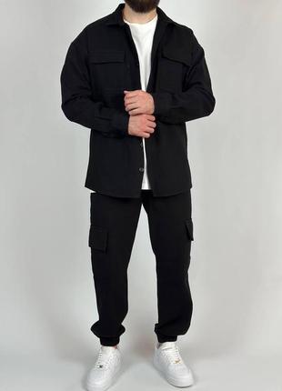 Солидный мужской джинсовый кэжуал комплект рубашка с карманами и штаны брюки карго