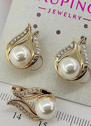 Шикарні сережки з фіанітами та перлами (майорка), позолота2 фото