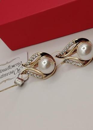 Шикарні сережки з фіанітами та перлами (майорка), позолота6 фото