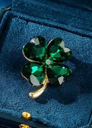 Счастливая брошь 4-х листный клевер, французское ретро, изумрудный 3.5см х 3см