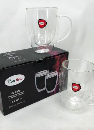 Набор стеклянных чашек с двойными стенками con brio cb-8630 2шт, 300мл, кружки с двойными стенками7 фото