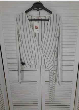 Кофта белая в черную полоску на запах с поясом модная zara reserved