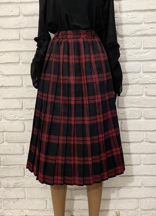 Винтажная английская плиссированная юбка в клетку, длинная, в складку, черная, бордовая2 фото
