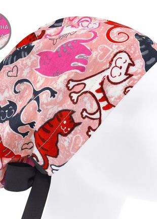 Медицинская шапочка шапка женская тканевая хлопковая многоразовая принт коты на розовом