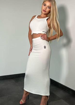 Костюм в стиле chromehearts майка юбка длинная серый белый