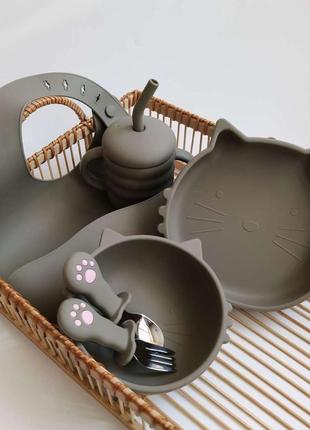 Силиконовый набор детской посуды для кормления “котики” (6 предметов)3 фото