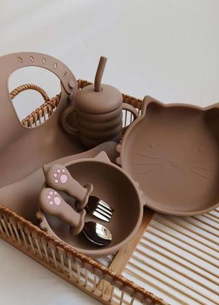Силиконовый набор детской посуды для кормления “котики” (6 предметов)2 фото