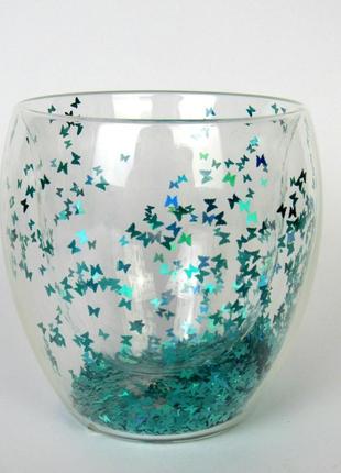 Склянка з подвійною стінкою і блискітками метелики, 250 ml2 фото