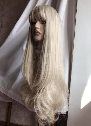 Искусственный парик с челкой чёлкой длинные густые волнистые волосы светлый блонд блондин женский5 фото