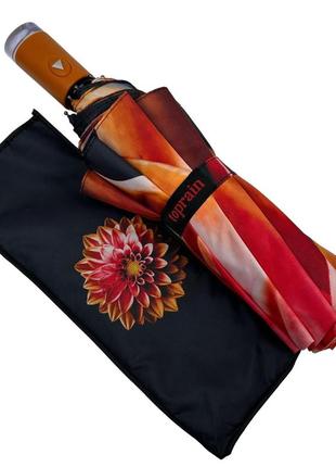 Жіноча парасоля напівавтомат з принтом квітки від toprain на 9 спиць, помаранчева ручка, 0703-12 фото