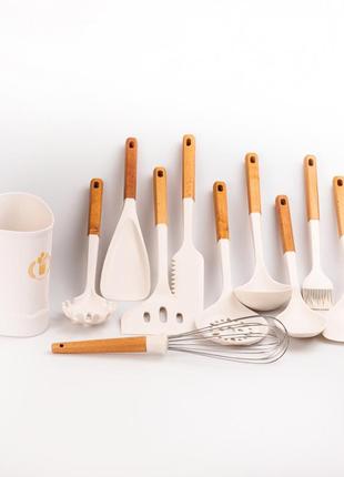 Набор кухонных принадлежностей на подставке 12 штук с бамбуковой ручкой