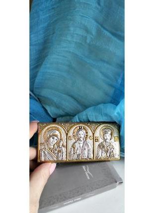 Срібна ікона-триптих "богородиця казанська, спаситель, микола чудотворець" (10х4,5см)