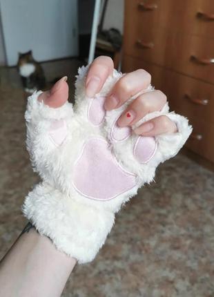 Білі рукавички лапки, рукавички котики, рукавиці без пальців4 фото
