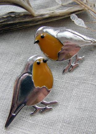 Необычные серьги гвоздики с птицами серебристые сережки с птицей этно стиль5 фото