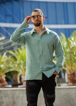 Лляна чоловіча сорочка оверсайз стильна рубашка легка з льону1 фото