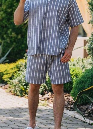 Літній лляний чоловічий костюм футболка і шорти оверсайз смугастий комплект з натурального льону в смужку2 фото