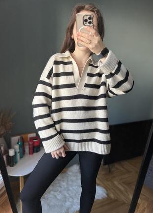 Молочний светр з комірок в смужку h&m6 фото