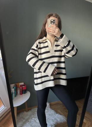 Молочний светр з комірок в смужку h&m7 фото