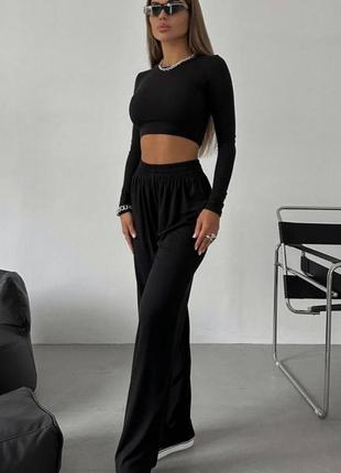 Костюм жіночий однотонний топ на довгий рукав штани вільного крою на високій посадці якісний стильний трендовий чорний