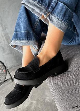 Черные женские лоферы туфли на утолщенной подошве из натуральной замши