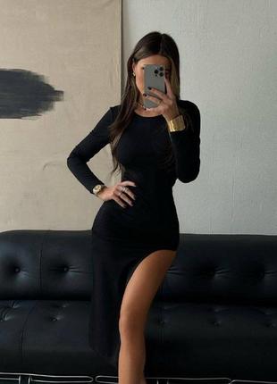 Платье миди черное однотонное на длинный рукав с разрезом по ноге качественное стильное трендовое