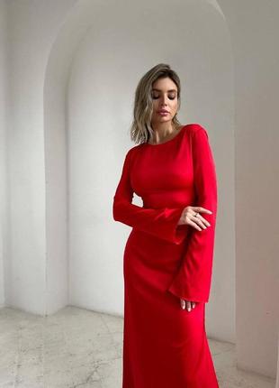 Сукня максі червона однотонна шовкова на довгий рукав на шнурівці якісна стильна4 фото
