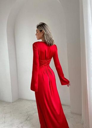 Сукня максі червона однотонна шовкова на довгий рукав на шнурівці якісна стильна2 фото