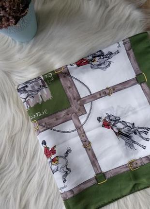Платок шарф косынка винтаж бренд striebnig зеленый, лошадь,цепи,наездник1 фото