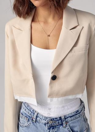 Женский трендовый укороченный жакет рванка с бахромой бежевый пиджак пиджак1 фото