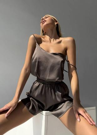 Костюм домашній жіночий шовковий майка шорти на високій посадці якісний стильний базовий мокко