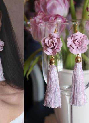 Рожево-лавандові сережки китиці ручної роботи "троянди"1 фото